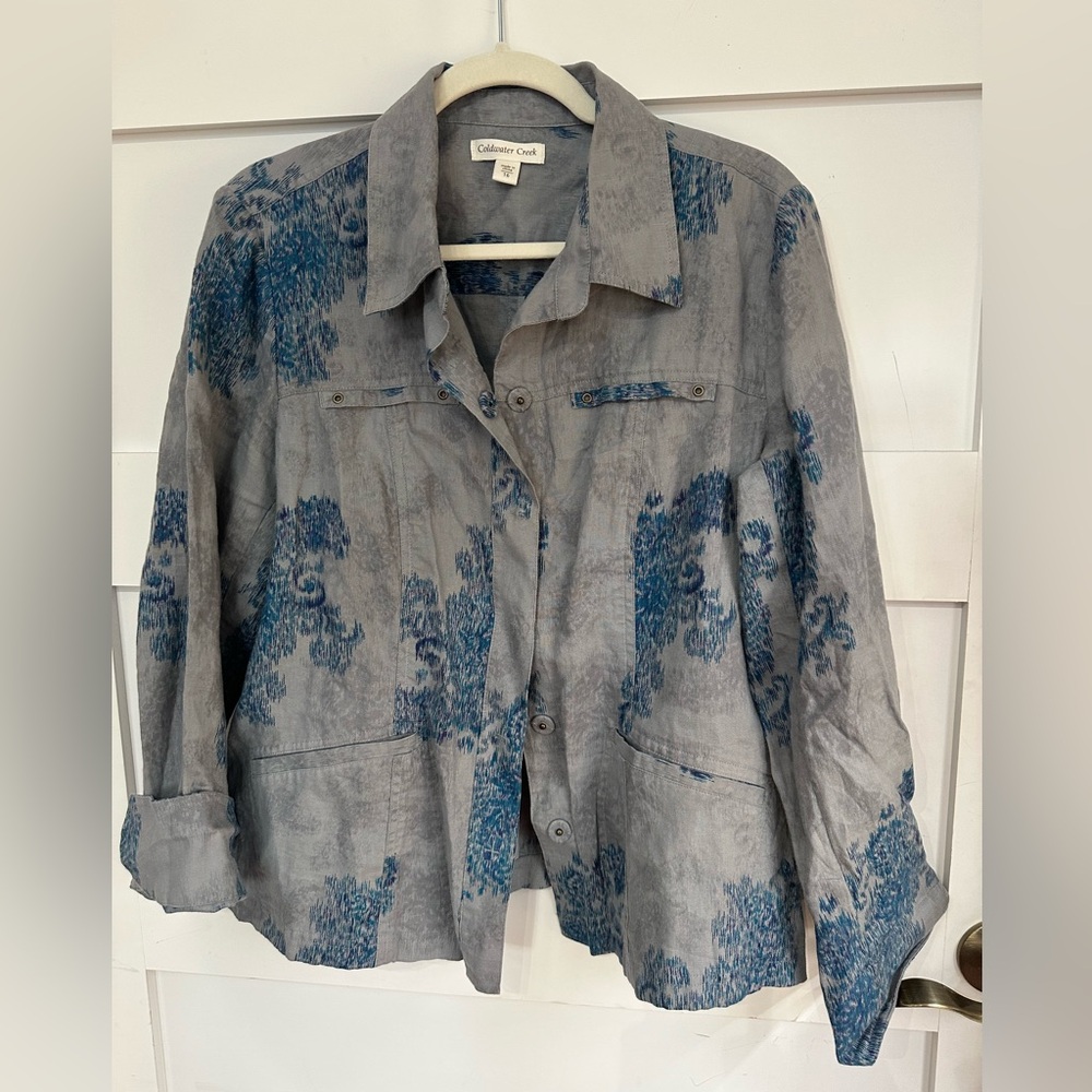 Coldwater creek linen print jacket snap buttons 3/4 sleeve size 16 - Picture 2 of 16